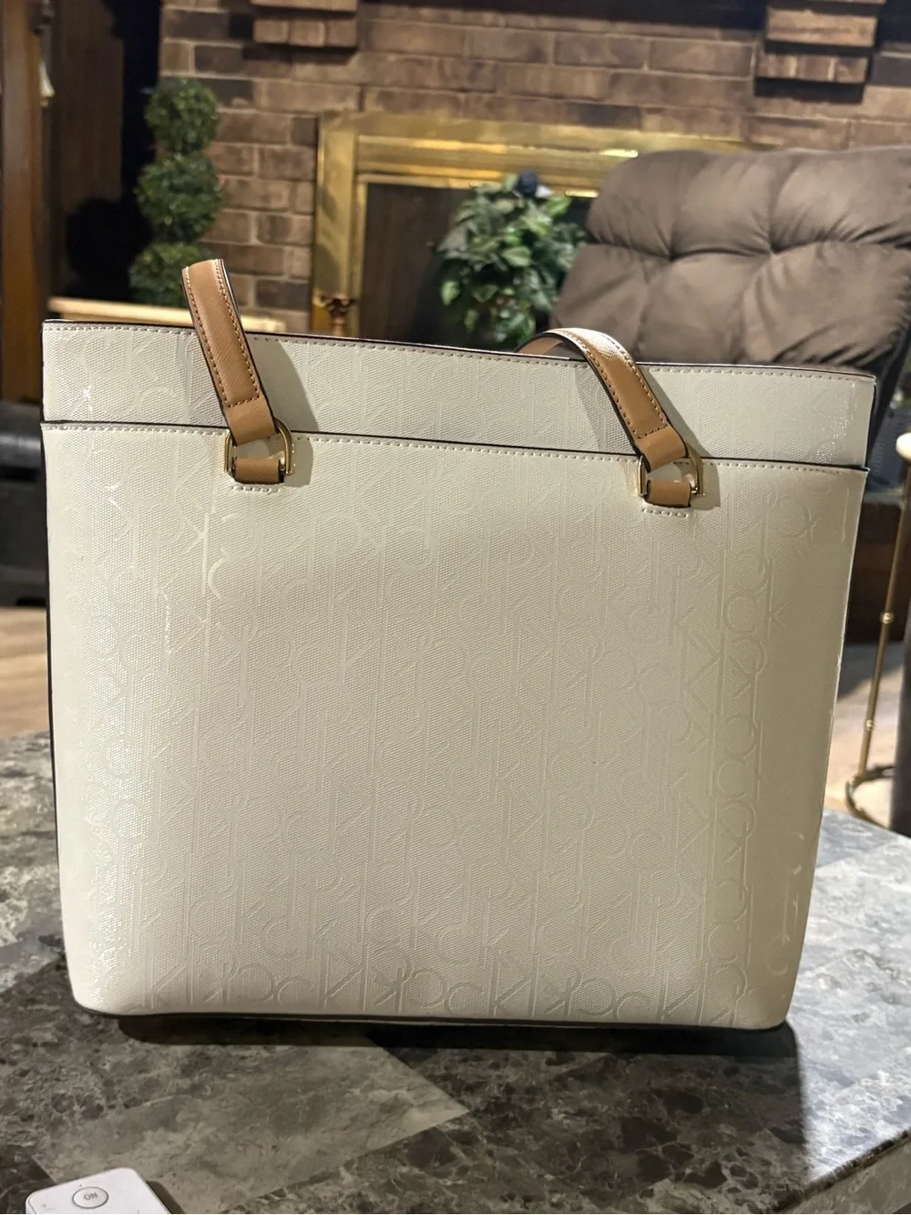 Calvin Klein Cream Tote with Purple Floral Print and Gold Chain